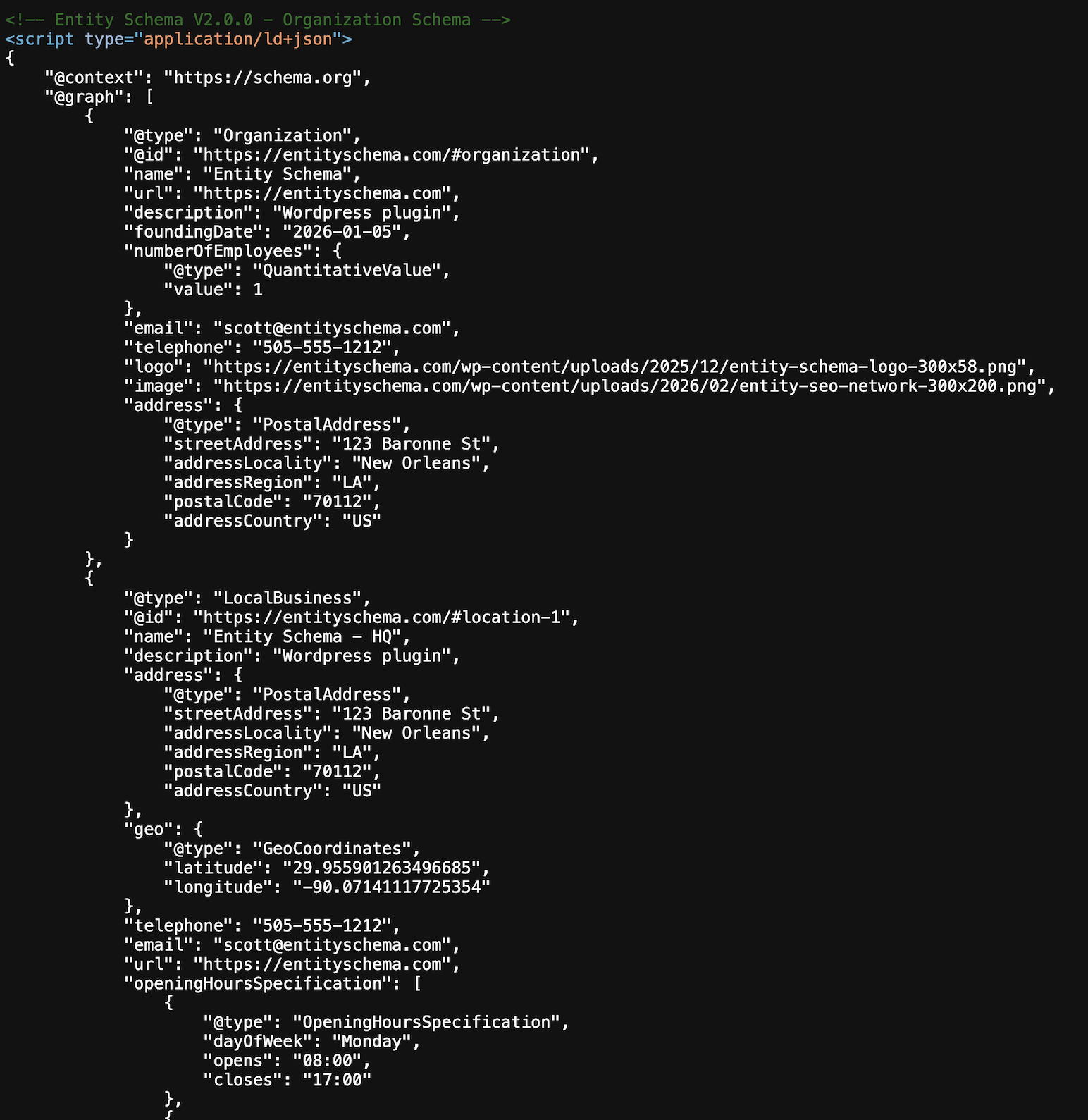 Schema output in page source - clean JSON-LD markup without bloat