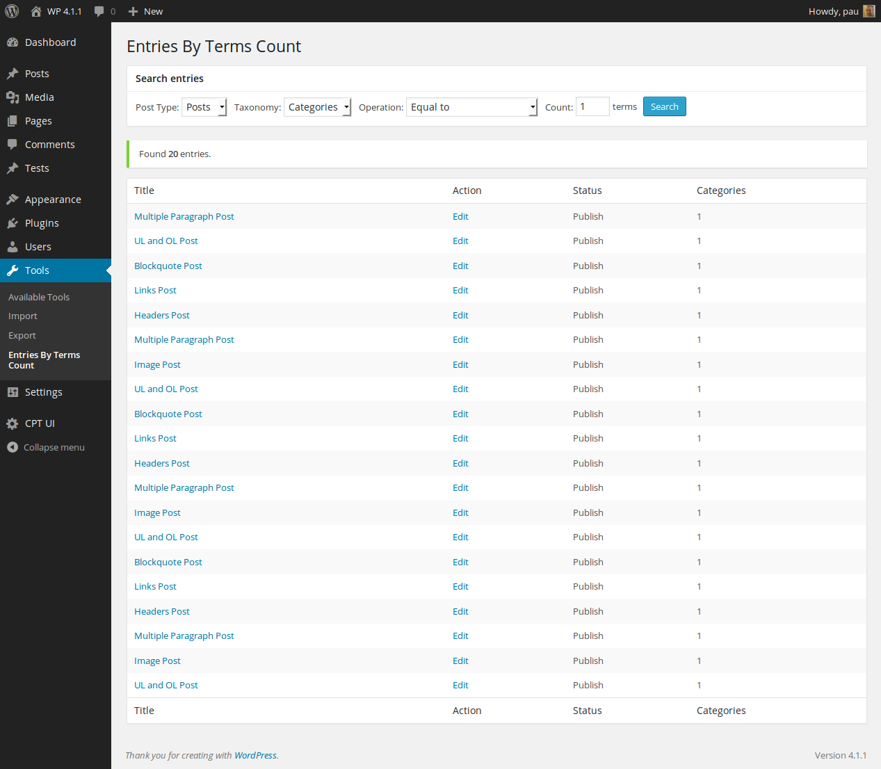 Search by post type, taxonomy and number of terms