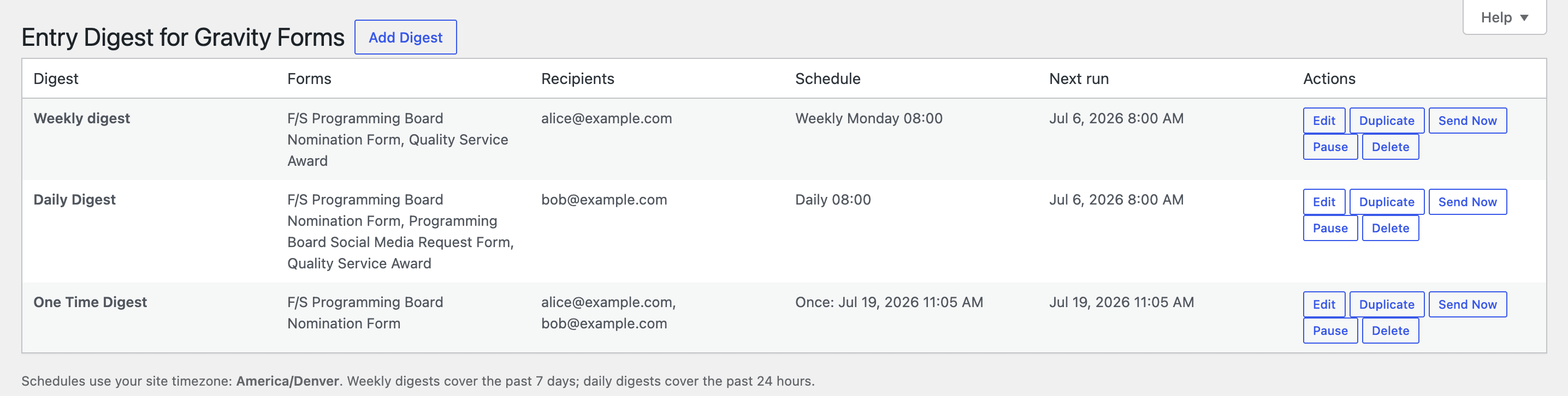 The digest list, showing schedule and next-run time for each digest.