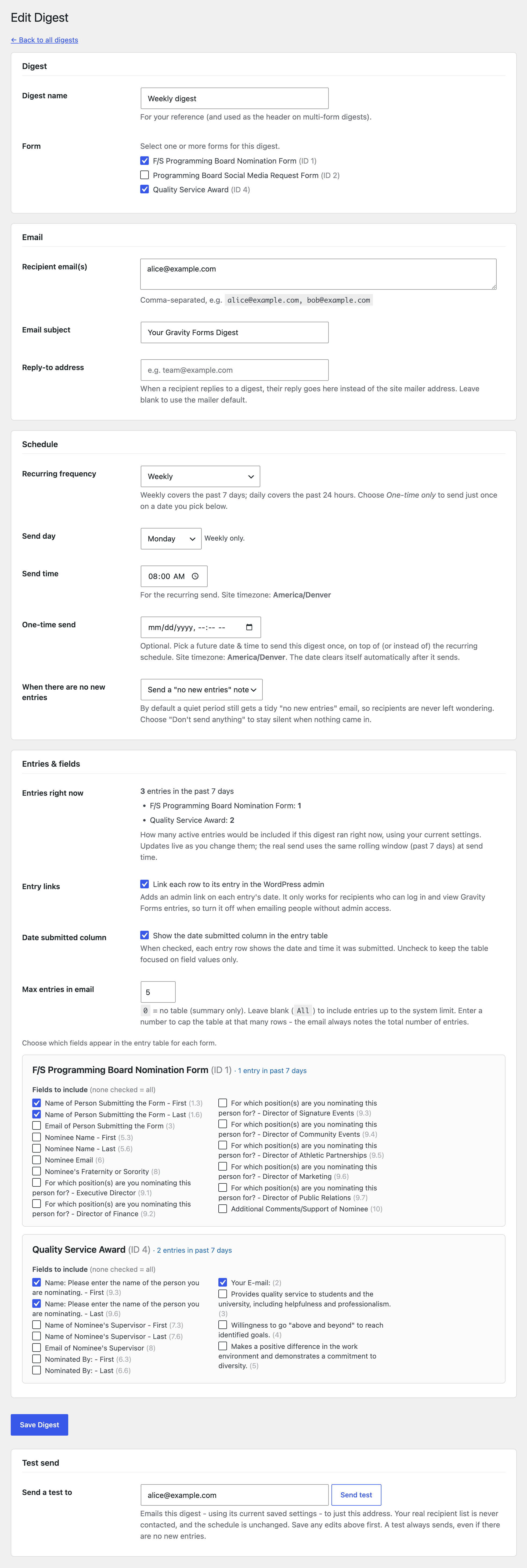 The digest editor: form, recipients, subject, and schedule.