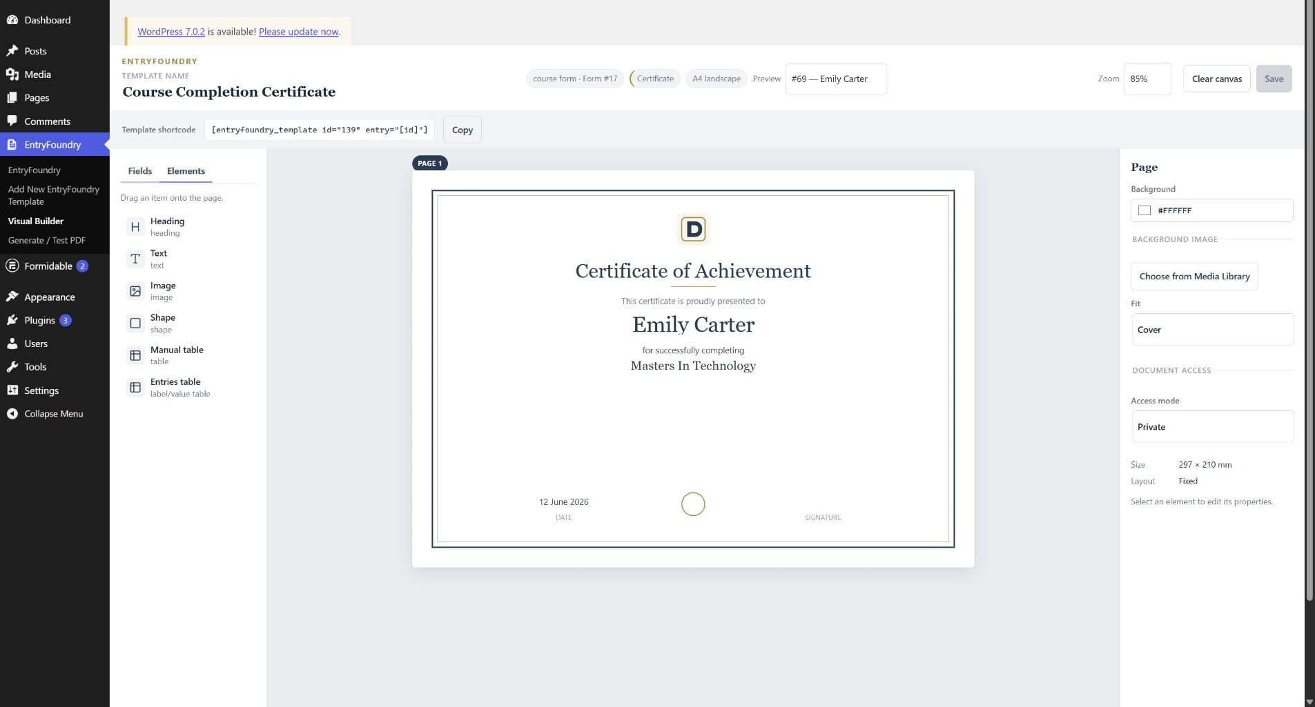 Customize the certificate with Free elements including headings, text, images, shapes, and tables.