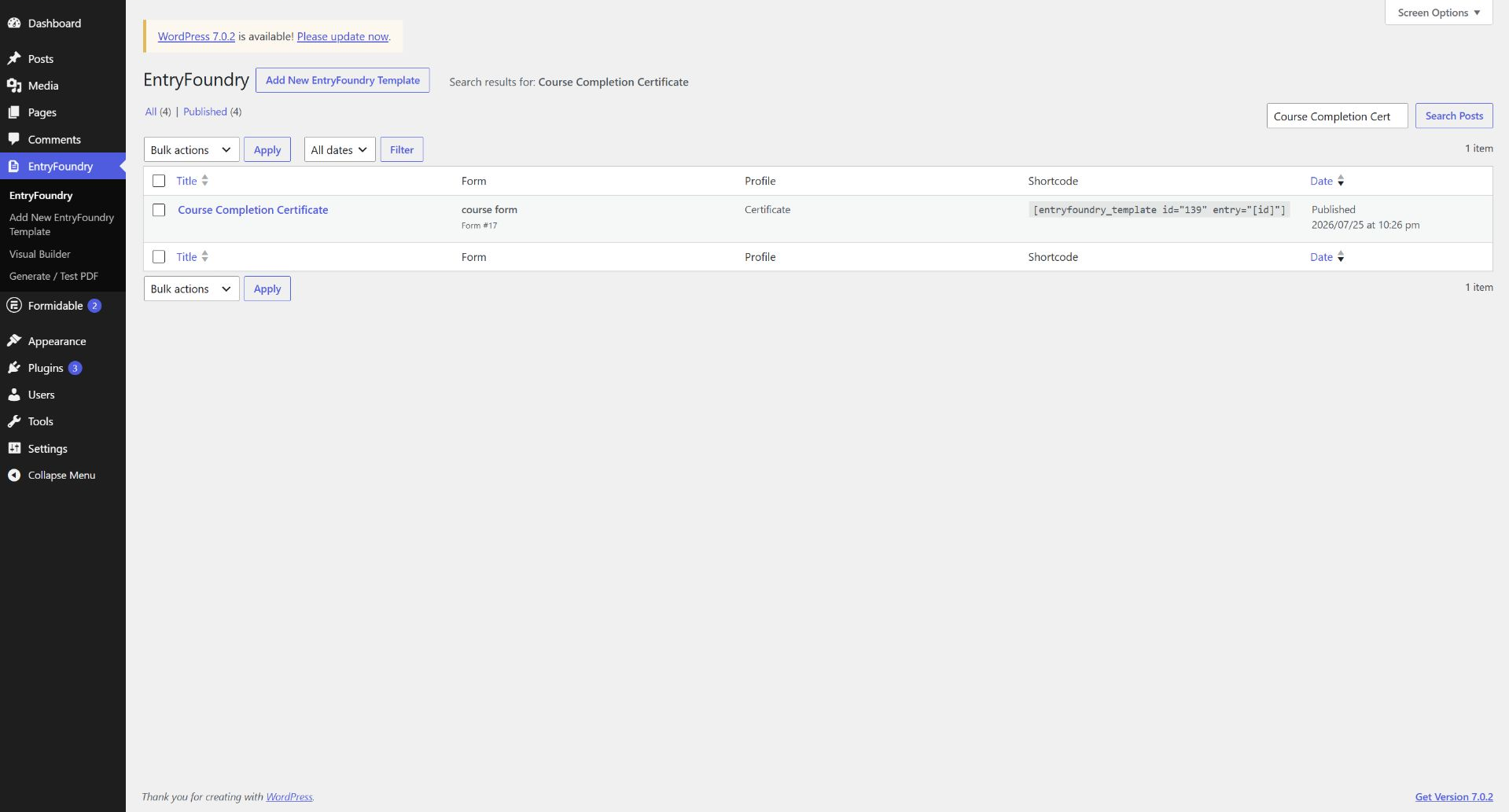 Manage the certificate template, source form, document profile, and ready-to-copy shortcode from one screen.