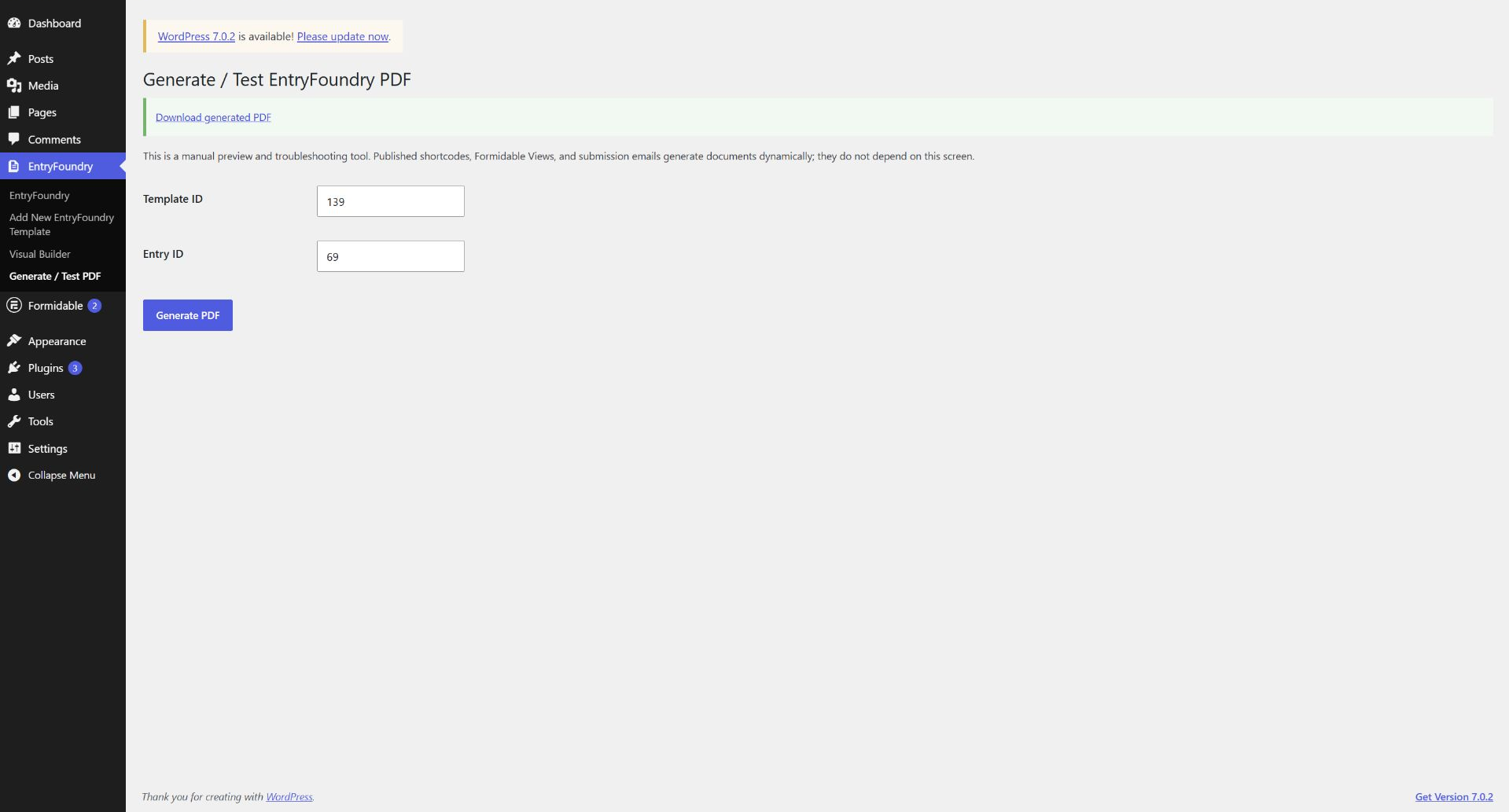 Generate and test the completed certificate PDF using a real Formidable entry.