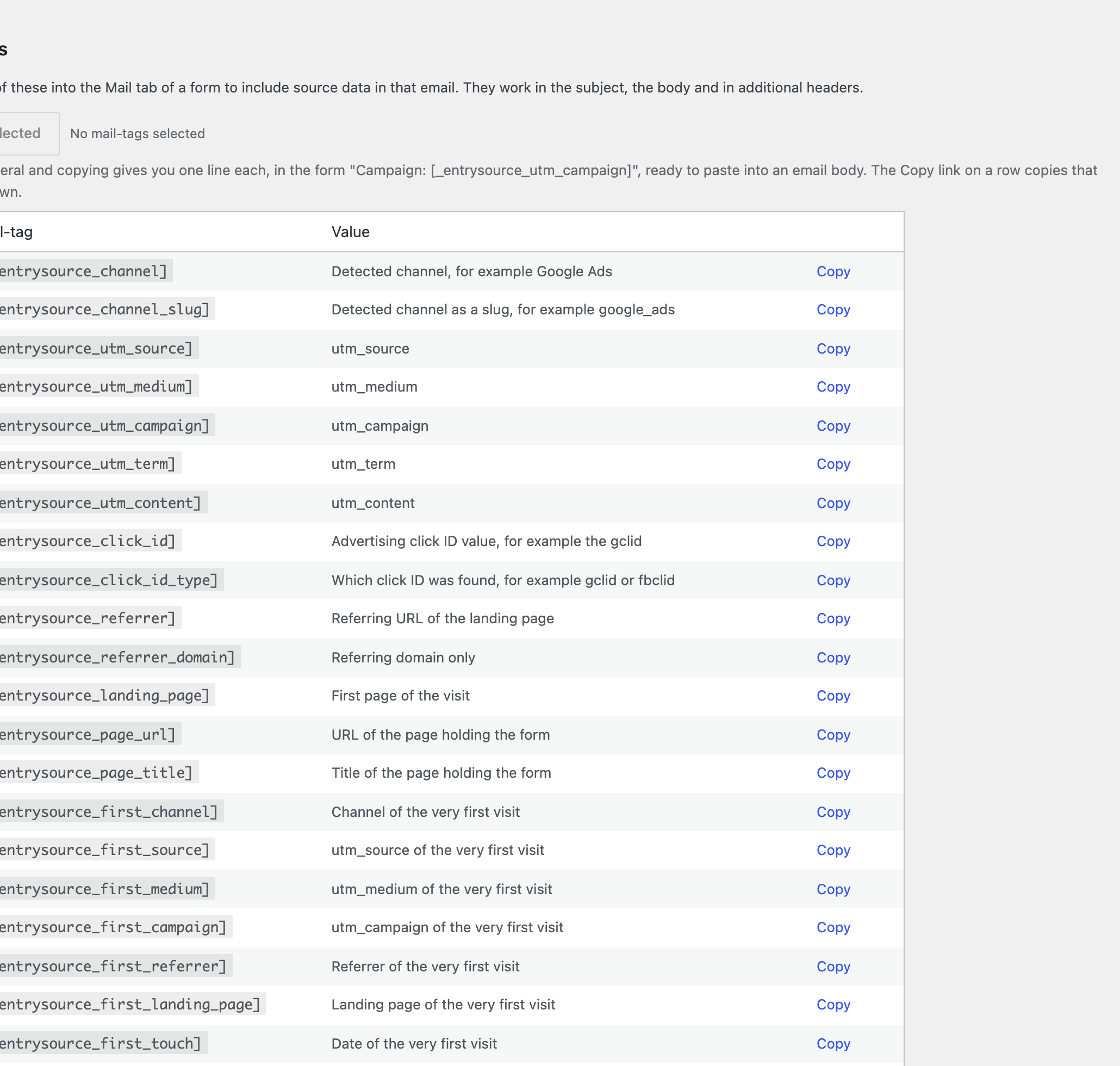Settings, including the mail-tag reference with copy buttons.