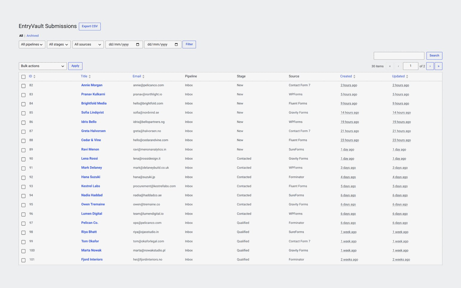 Frontend submissions table rendered by `[entryvault_table]`.