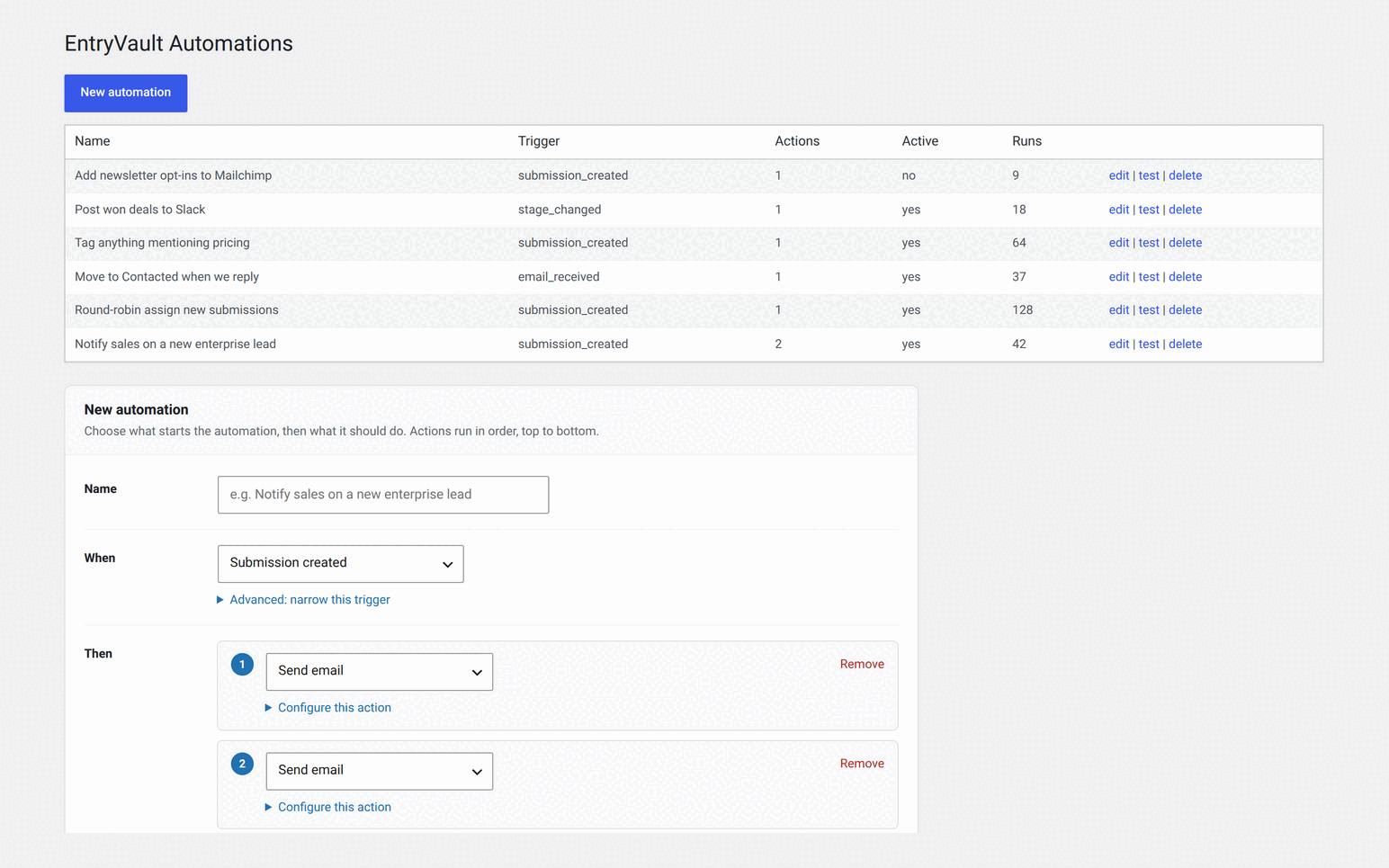 Pro — the automation engine: triggers such as a new submission, a stage change or an email reply, wired to actions like tagging, assigning an owner, emailing or calling a webhook.