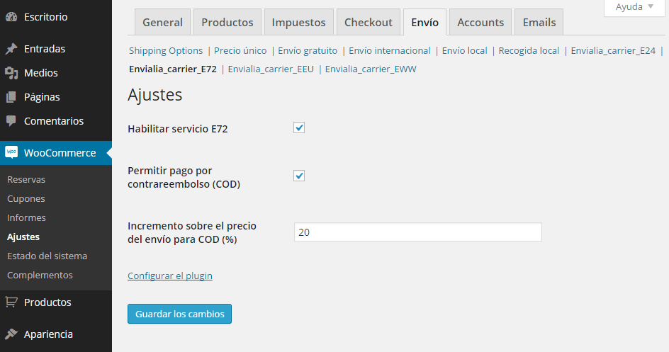 Woocommerce > Ajustes > Envío > Envialia_carrier_E72