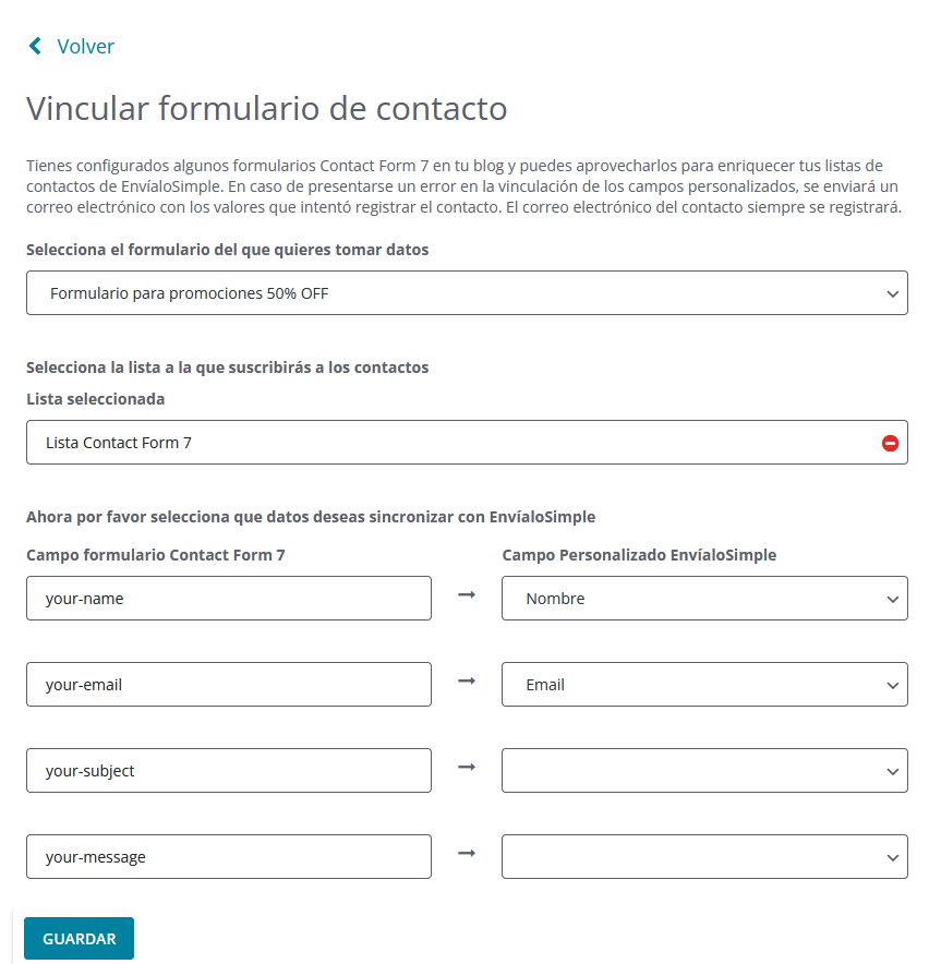 Pantalla de Vinculación de Formularios con Contact Form 7