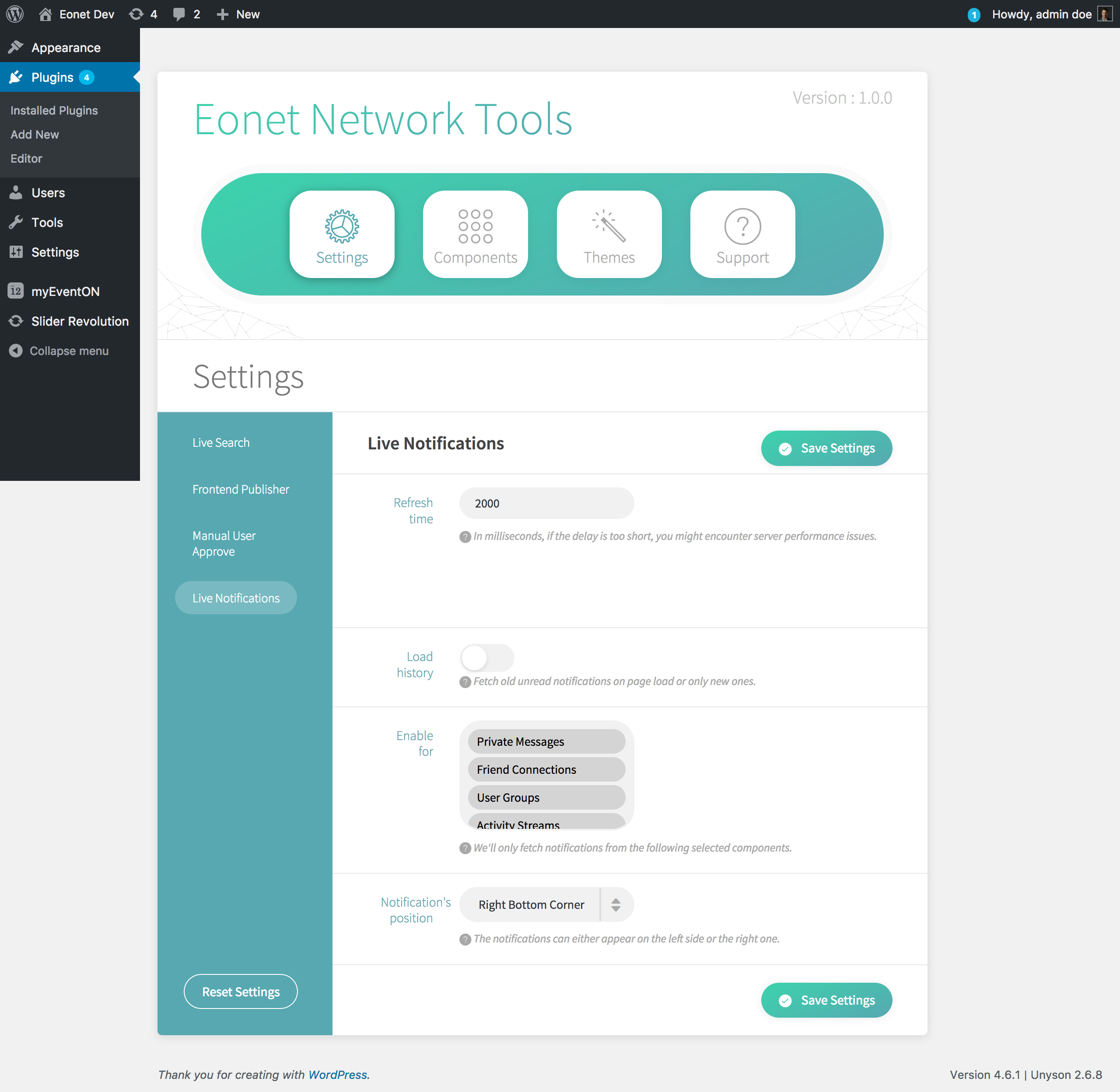 Options panel for the component. You'll find here all the options to customize it.
