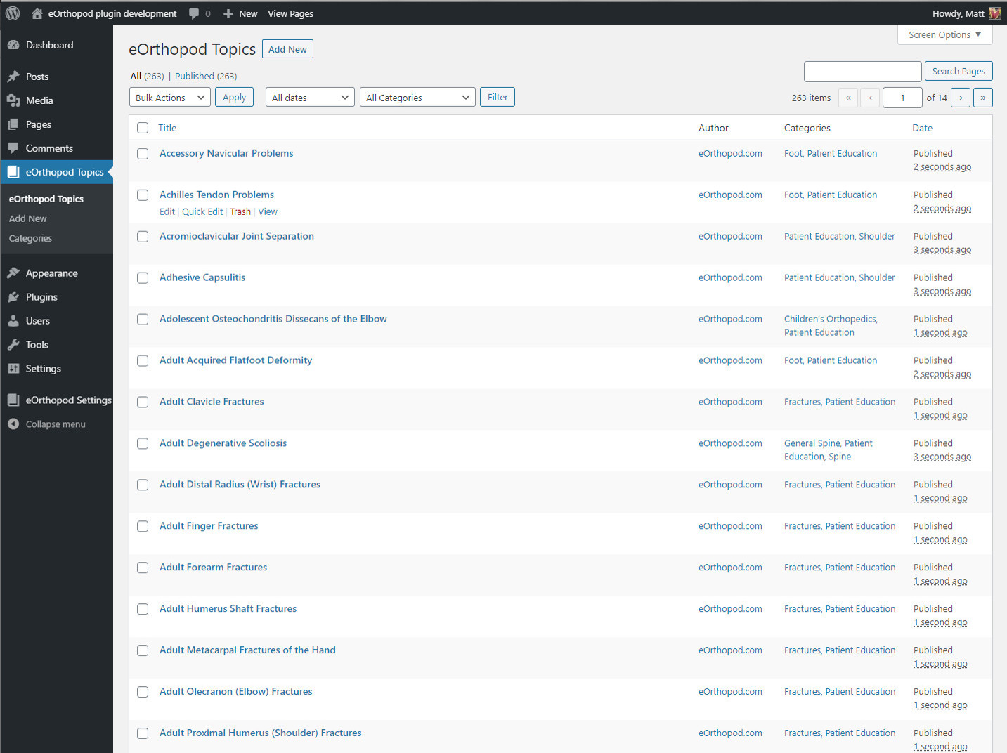 Verify that all 263 eOrthopod Patient Education Topics are installed and, if desired, unpublish those you do not want on the site.