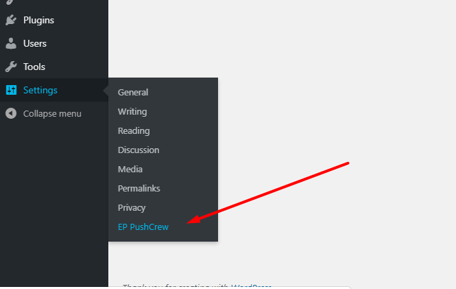Pushcrew settings menu.