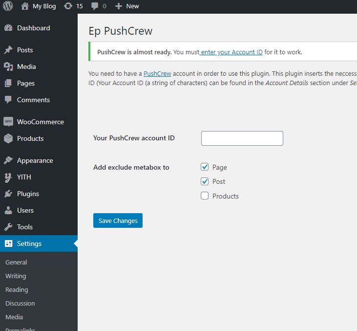 Pushcrew settings page