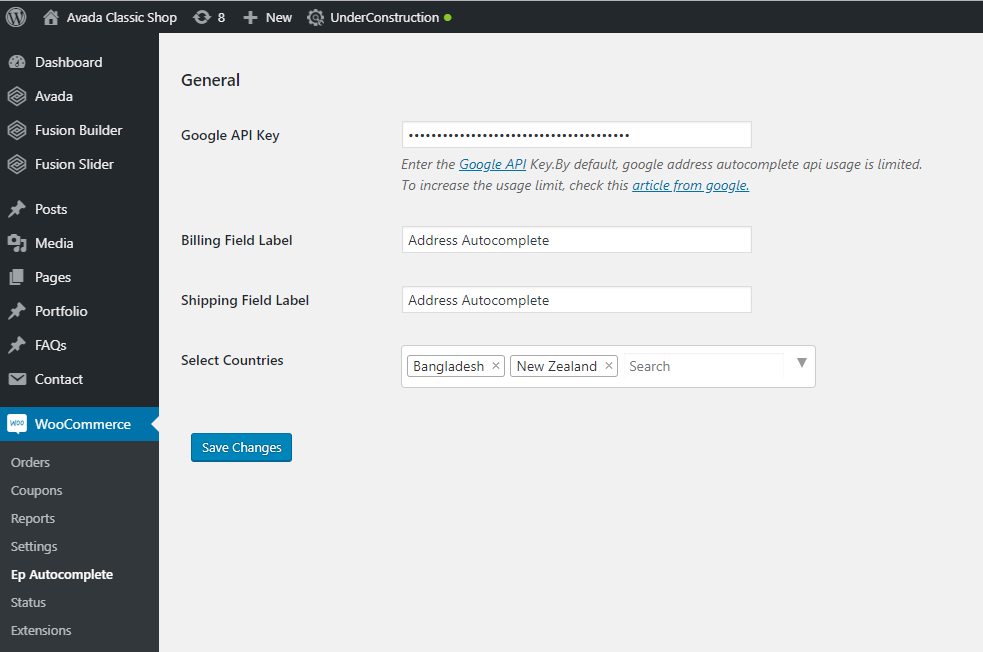 Plugin Setting Page where you need to fill Google Maps jQuery API Key.