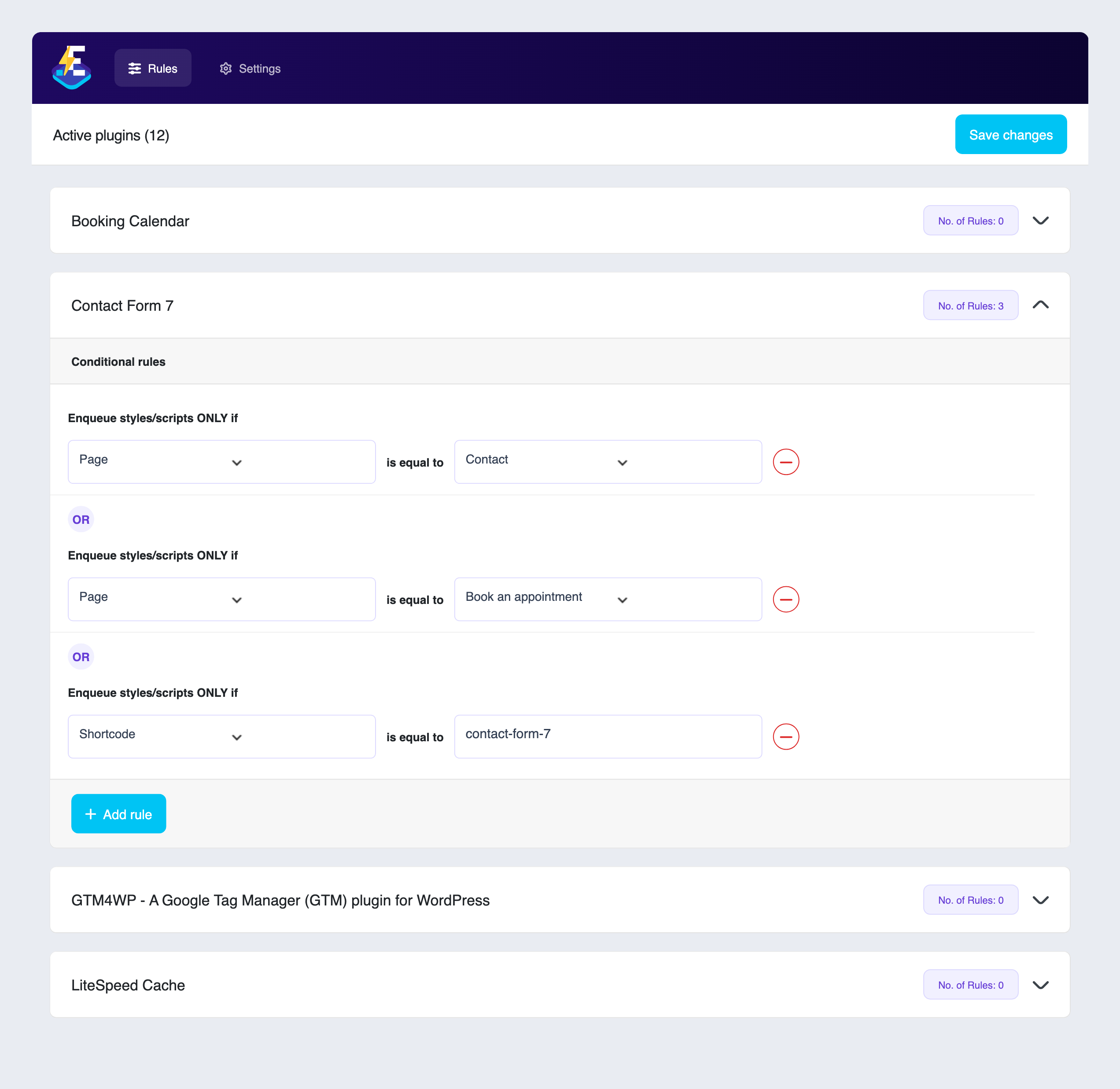Per-plugin rule builder — load a plugin's styles and scripts ONLY on the pages you choose. Conditions can target a Page, Block, Page Template, Post Template or Shortcode, and multiple rules are combined with OR.