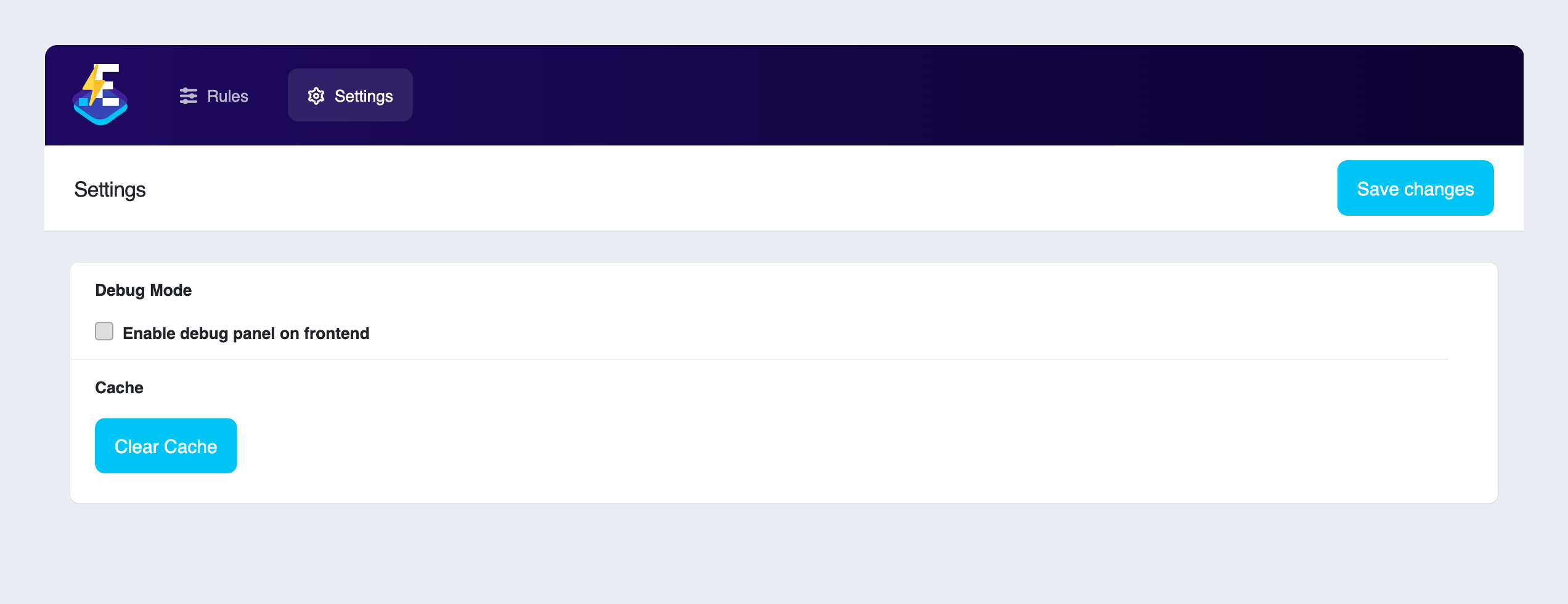 Settings — enable the frontend debug panel to see which assets were dequeued, and clear the plugin's cache after changing rules.
