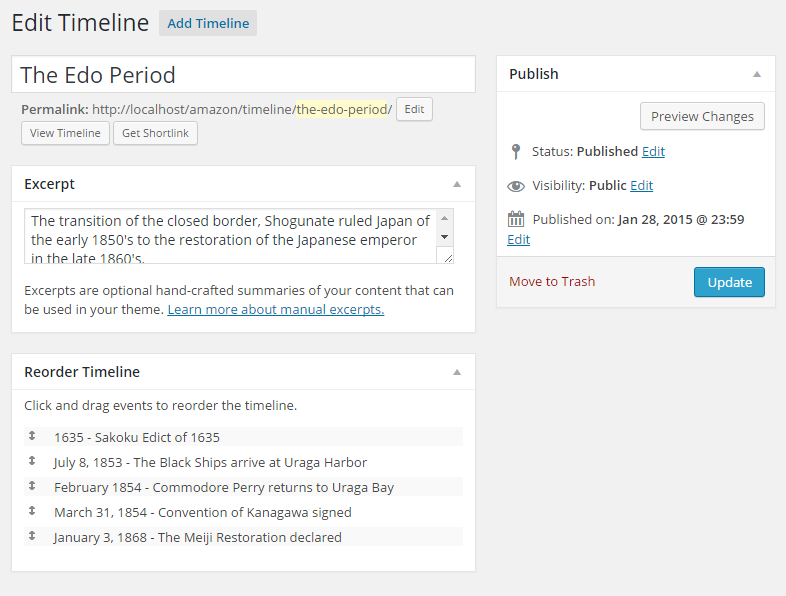 Timeline edit screen - Reorder the sequence of events via drag and drop