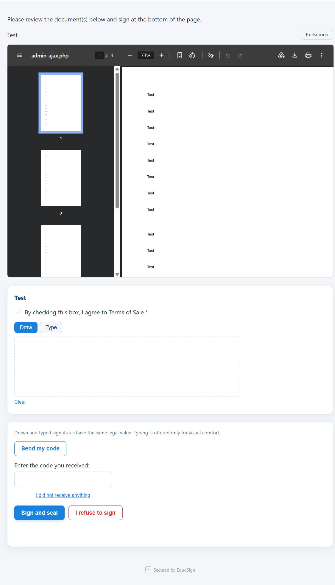 The signer's review and signature screen.