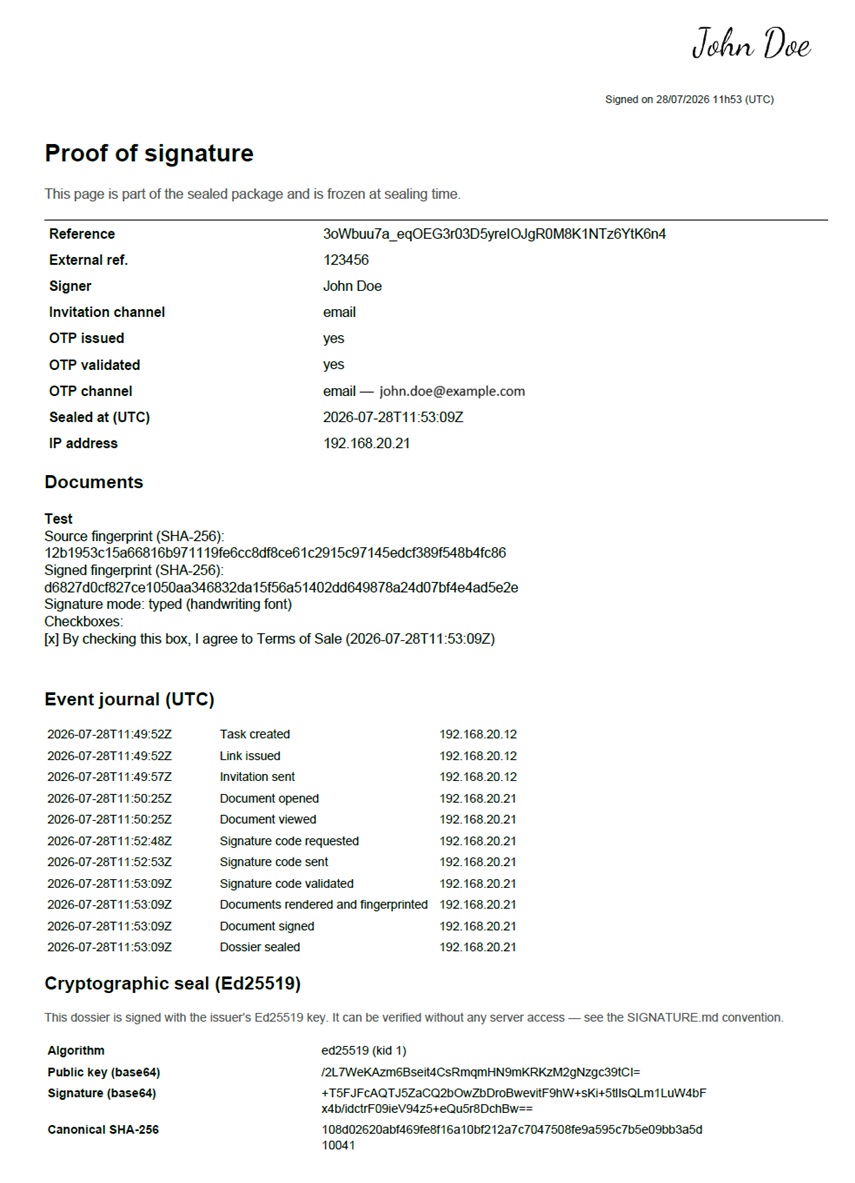 A sealed proof file generated after a completed signature.