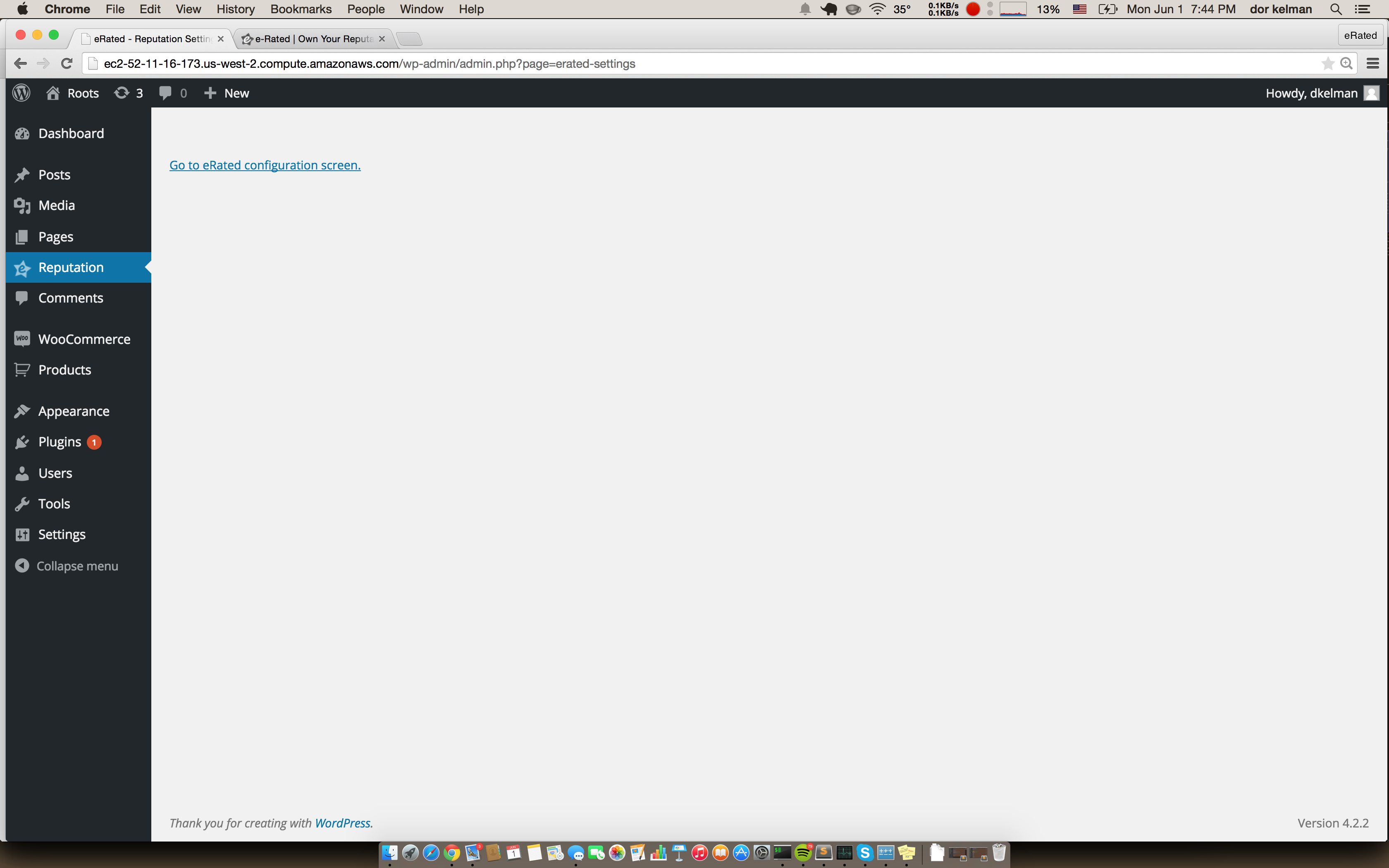 After activating the plugin there will appear a 'Reputation' tab in the admin sidebar. Clicking it will take you to a screen with a link to the eRated sign in screen in a new tab.