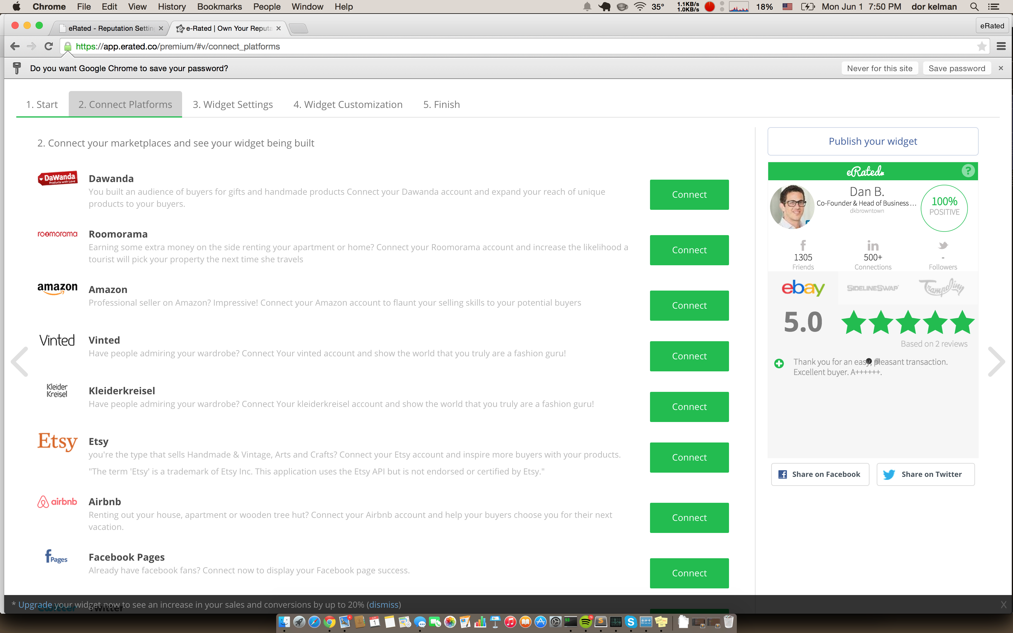 This is the page to connect all the online platforms that you are involved in. It allows eRated to collect your reputation from these marketplaces that later can be seen on the widget, that will be embedded on your Wordpress site.