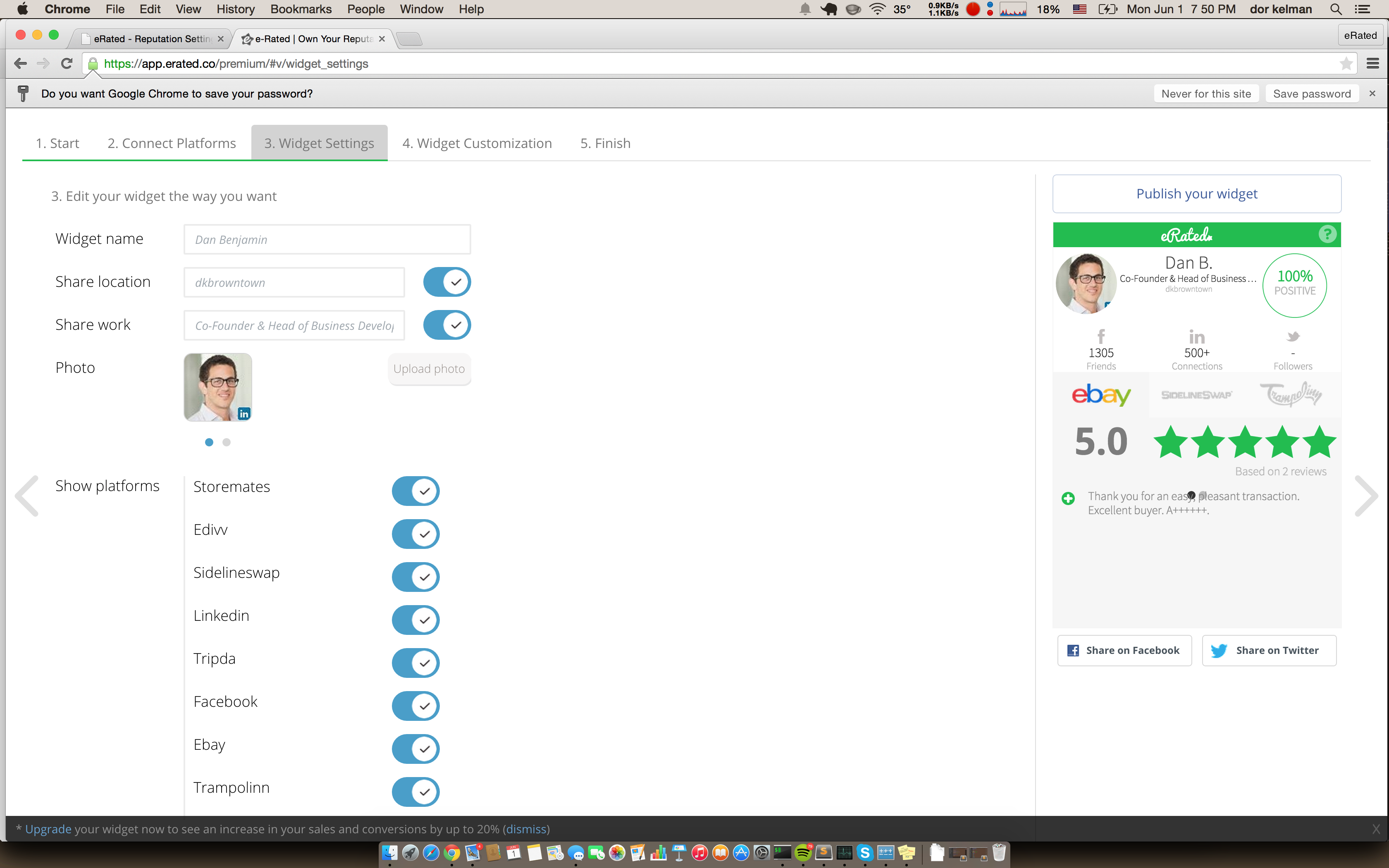 Here is where the user chooses to display the different information presented on the widget. You can adjust your name and location as well as select which marketplaces to show out of the ones you connected before (in the previous tab).