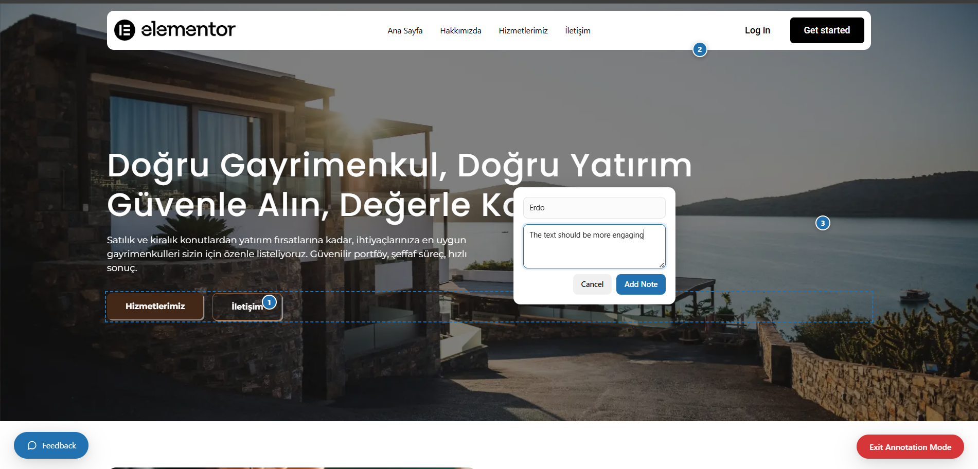 Visual annotation mode — a client's pinned note on the live site, with the admin reply shown in the details popup.