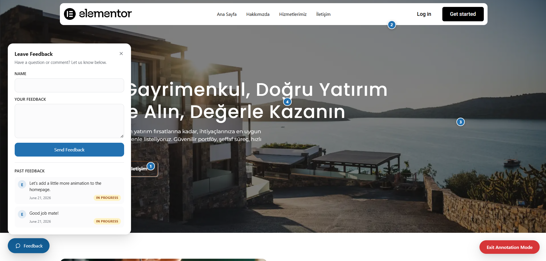 Feedback tab — review visitor messages, reply directly, and mark them as in progress or completed with bulk actions.