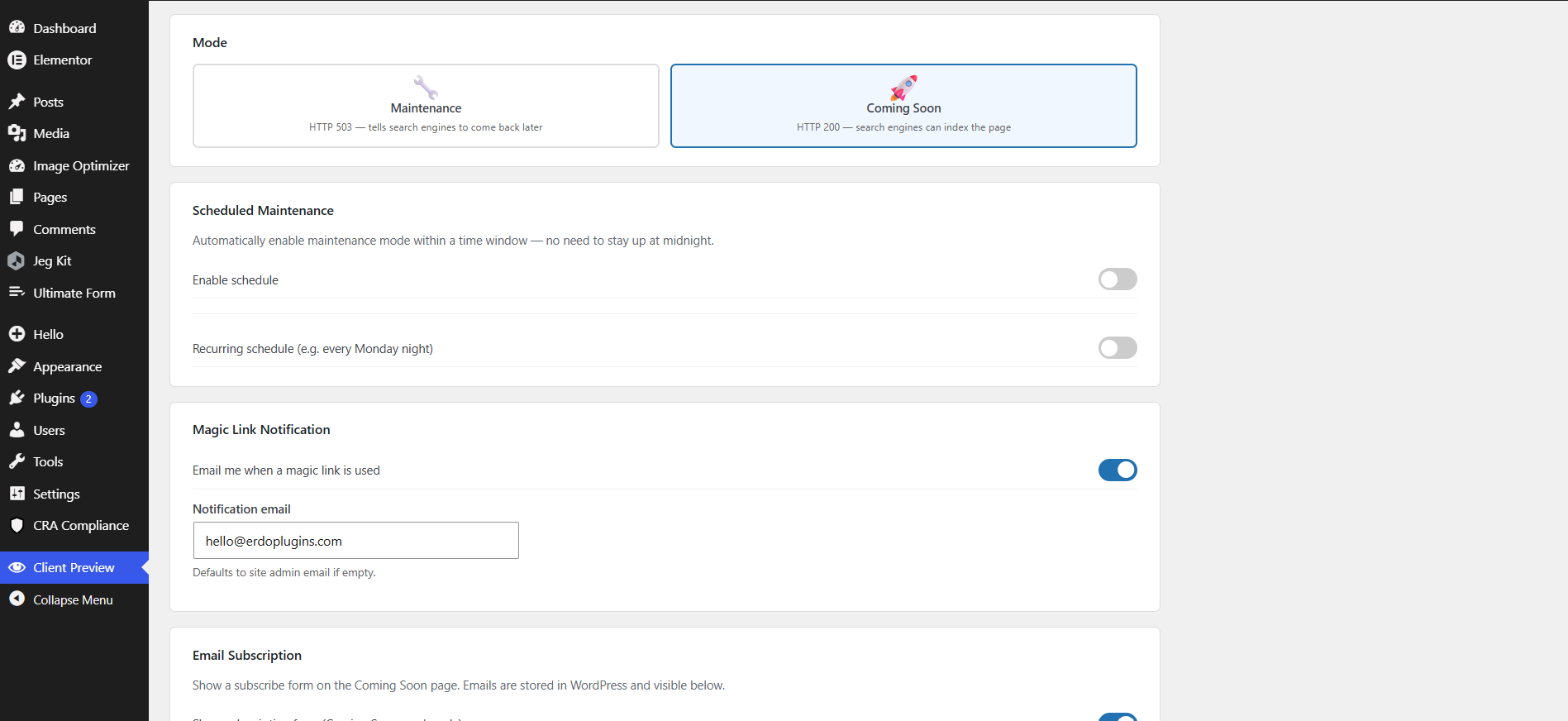 Settings panel — mode selector (HTTP 503 Maintenance vs HTTP 200 Coming Soon), enable toggle, scheduled activation, countdown timer, and access control.