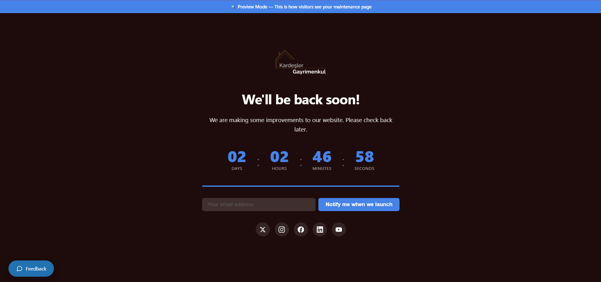Visitor-facing page — custom logo, colors, animated countdown timer, and social links.