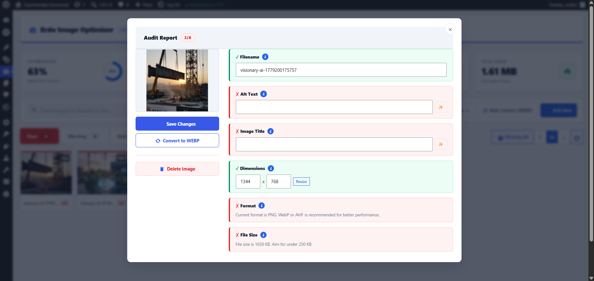Poor SEO audit report — failing criteria with one-click fix options.