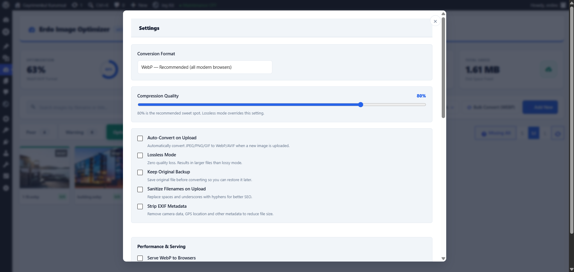 Settings — format, quality, lazy loading, WebP serving and BunnyCDN options.