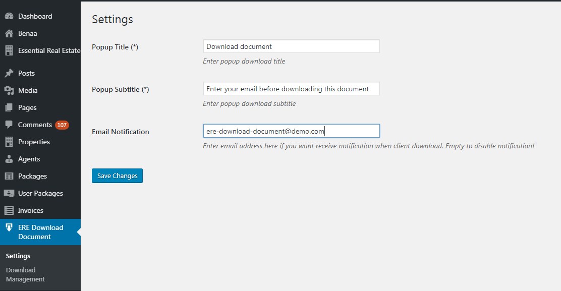 ERE Download Document setting: where user can use to setting Popup Title, Popup Subtitle and Email get notification