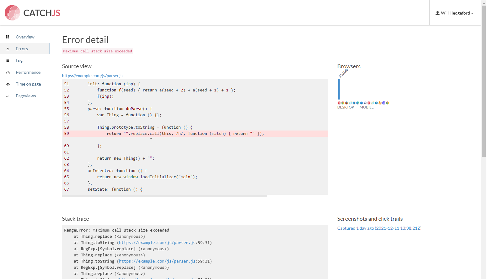 The details on an error caught on a page