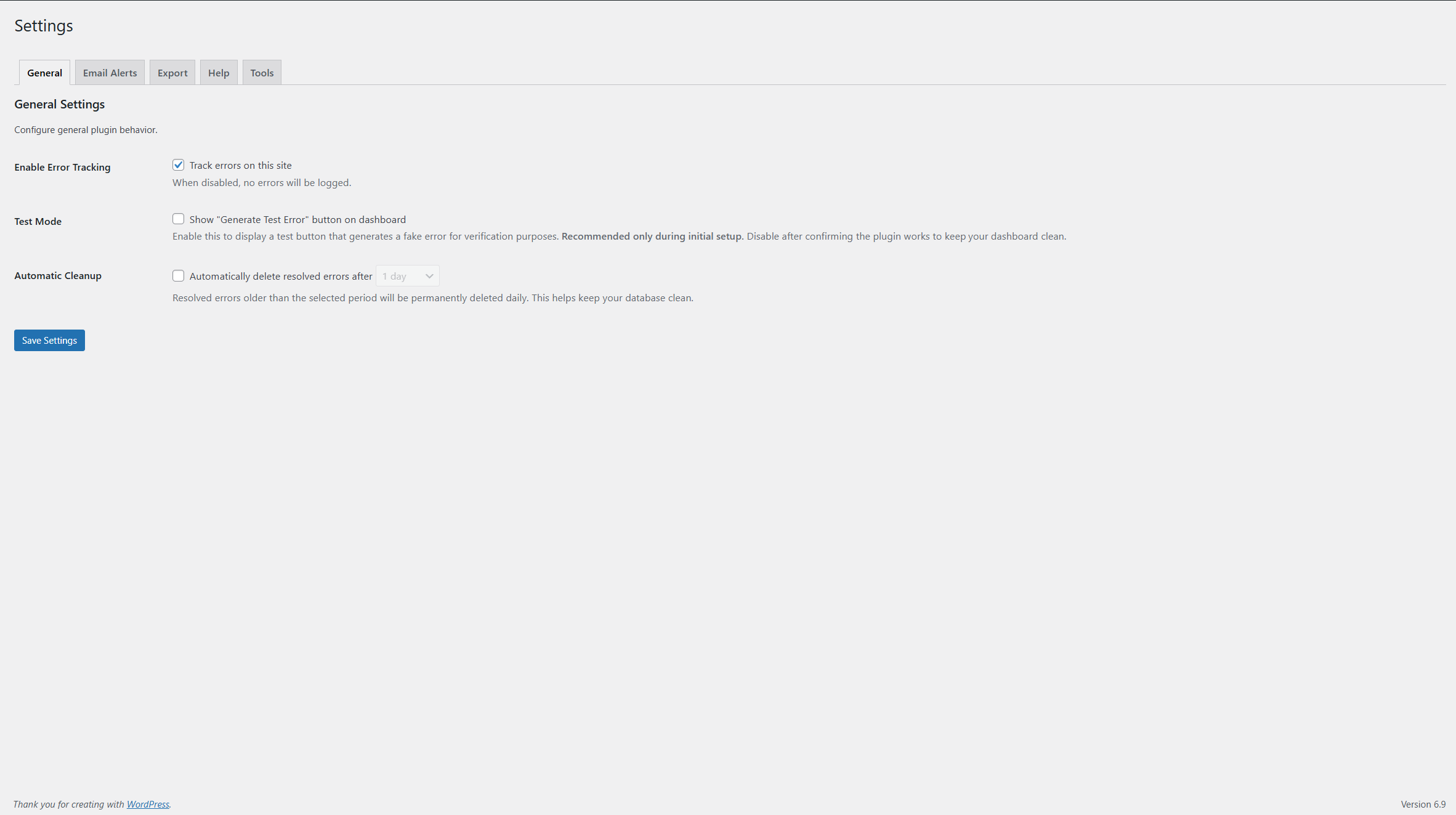 Dashboard view showing error list with severity badges and filtering options