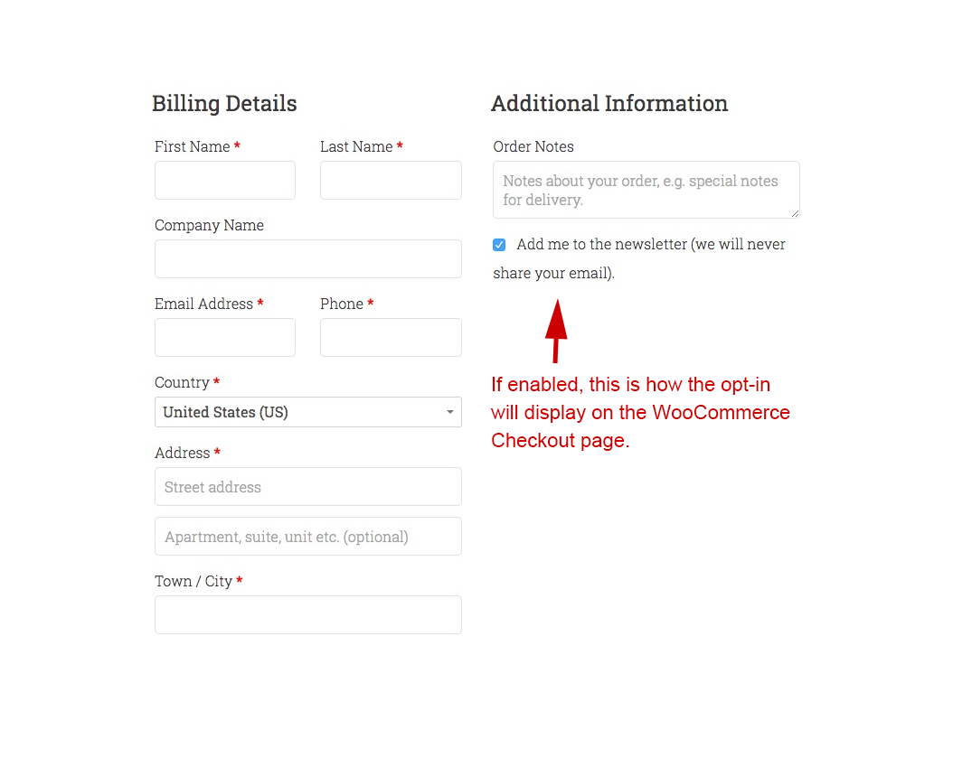 The WooCommerce Checkout page shown with opt-in field. If enabled, this is how the opt-in