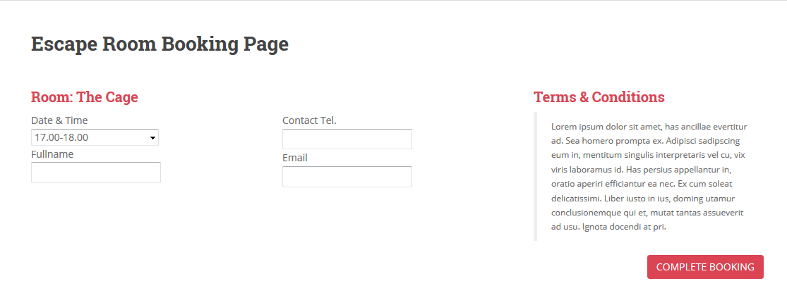 Booking Form for a specific escape room