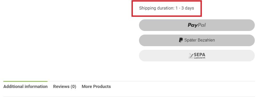 Display of the estimated shipping duration on the product page.