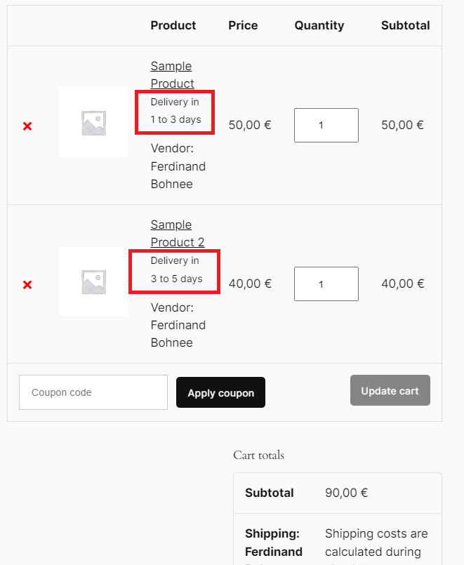 Representation of the shipping duration in the shopping cart.