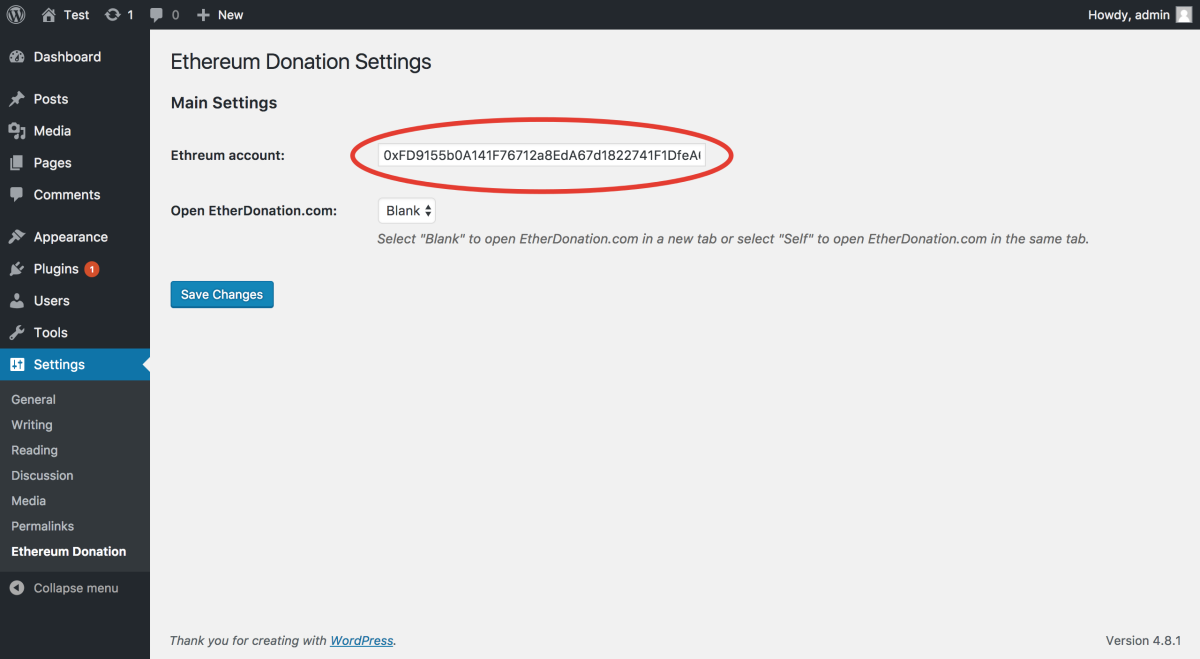 Screenshot of Ethereum Donation Settings page