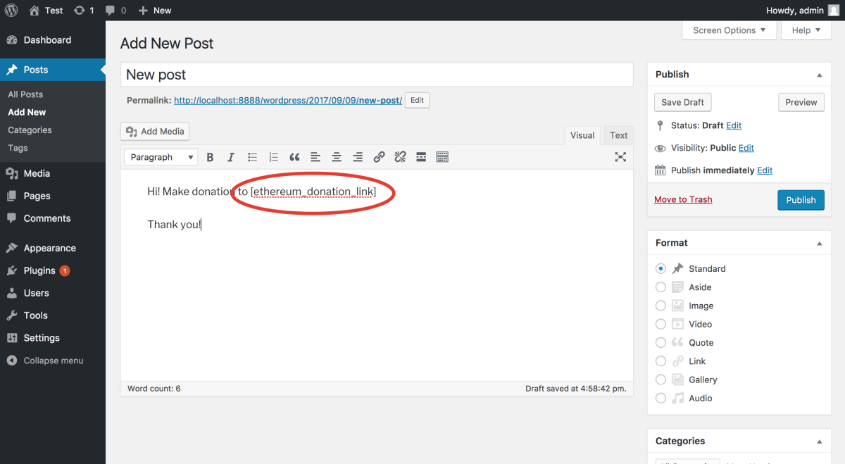 Screenshot of Ethereum Donation Link shortcode (New Post adding)