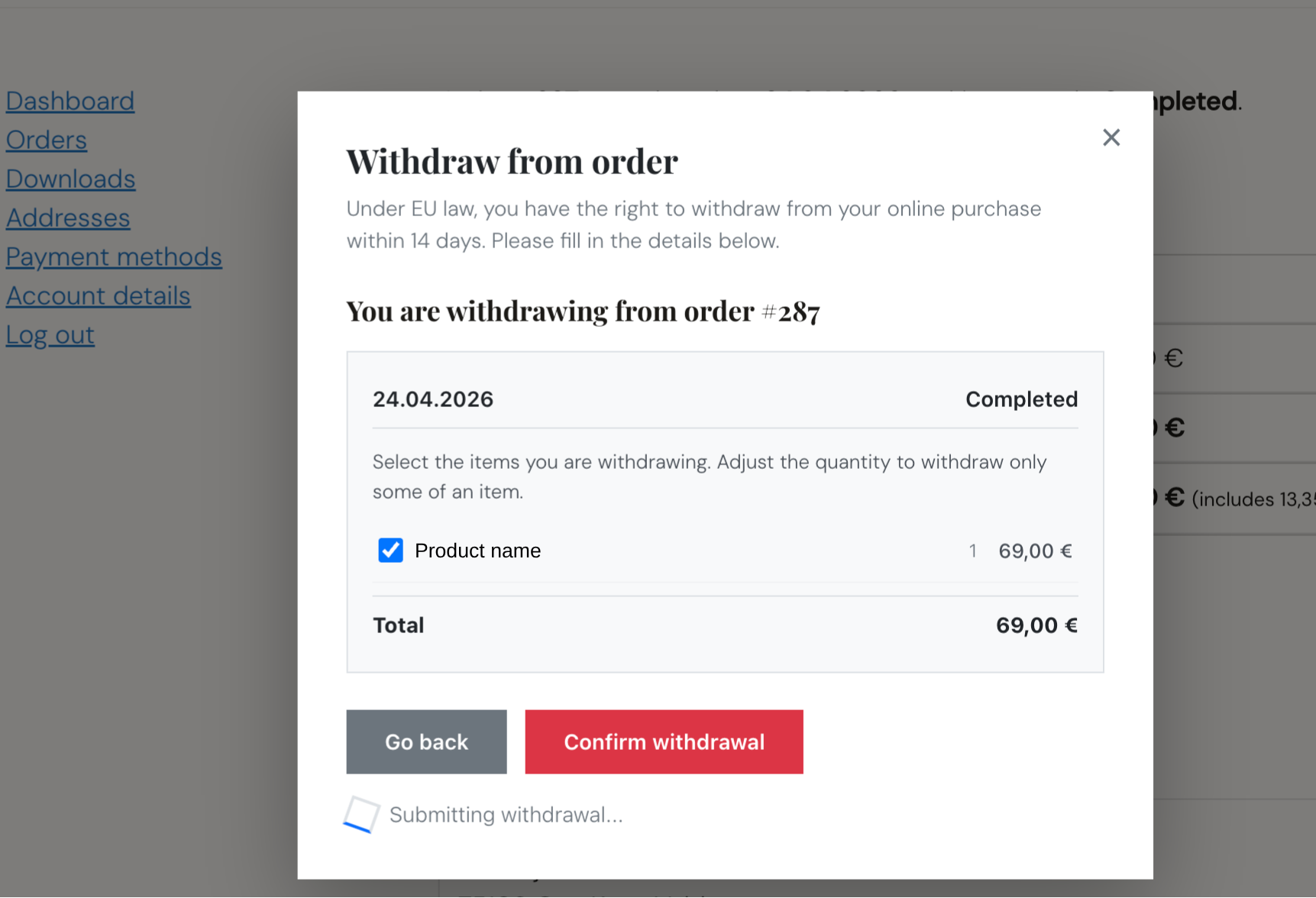 Withdrawal form modal