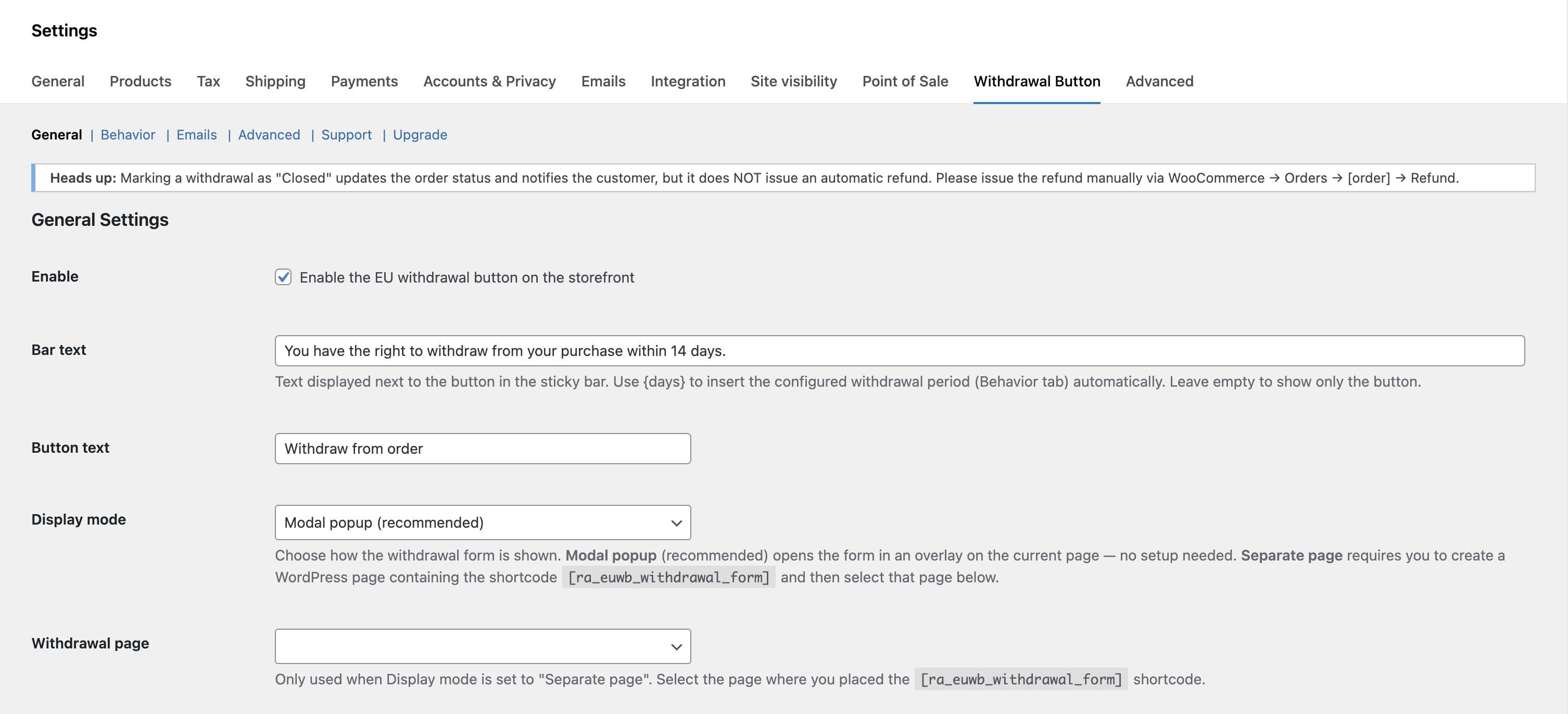 WooCommerce settings page
