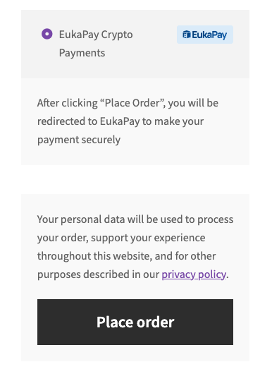 On a checkout page, "Crypto Payment" option shows as a payment method. Your customer can select it and click "Place order" button.