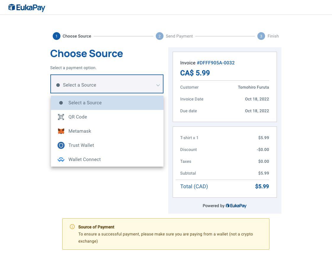 A payment page shows and your customer scans the QR code generated to enable them to pay with 4+ major cryptocurrencies with over 100+ wallets.