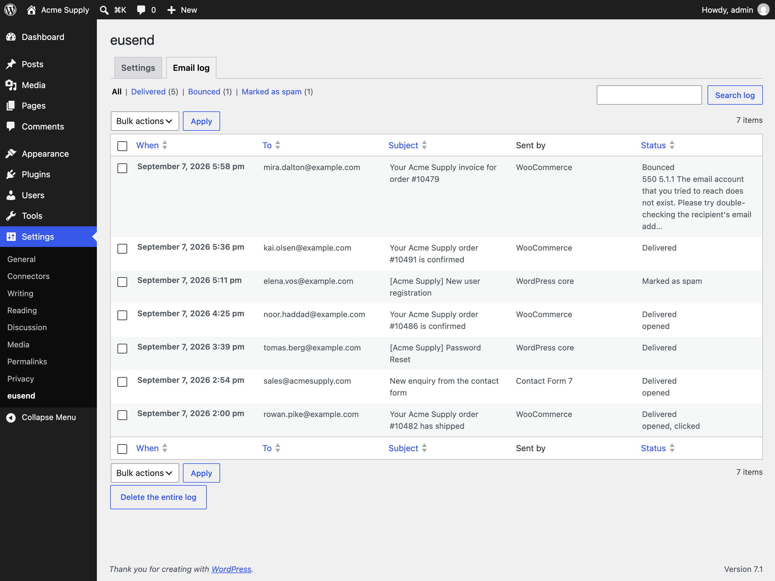 The email log: what actually happened to every message, and which plugin sent it.