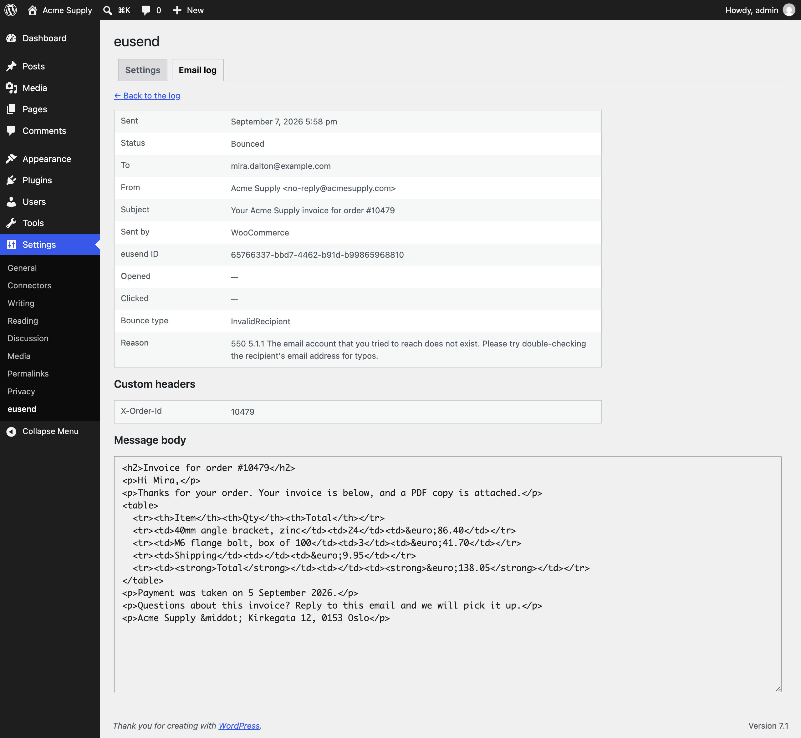 One message in detail, with the receiving server's own reason for the bounce.