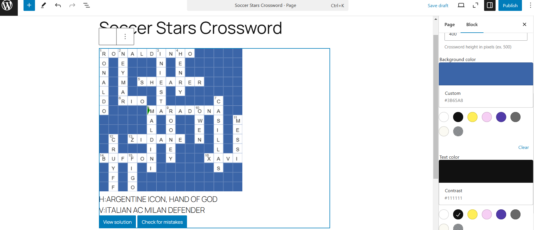 Example of Crossword added to a new Wordpress page, in the admin interface.