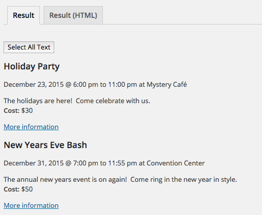 Events are pulled and output in a newsletter-friendly format.  Just copy and paste into your Newsletter!