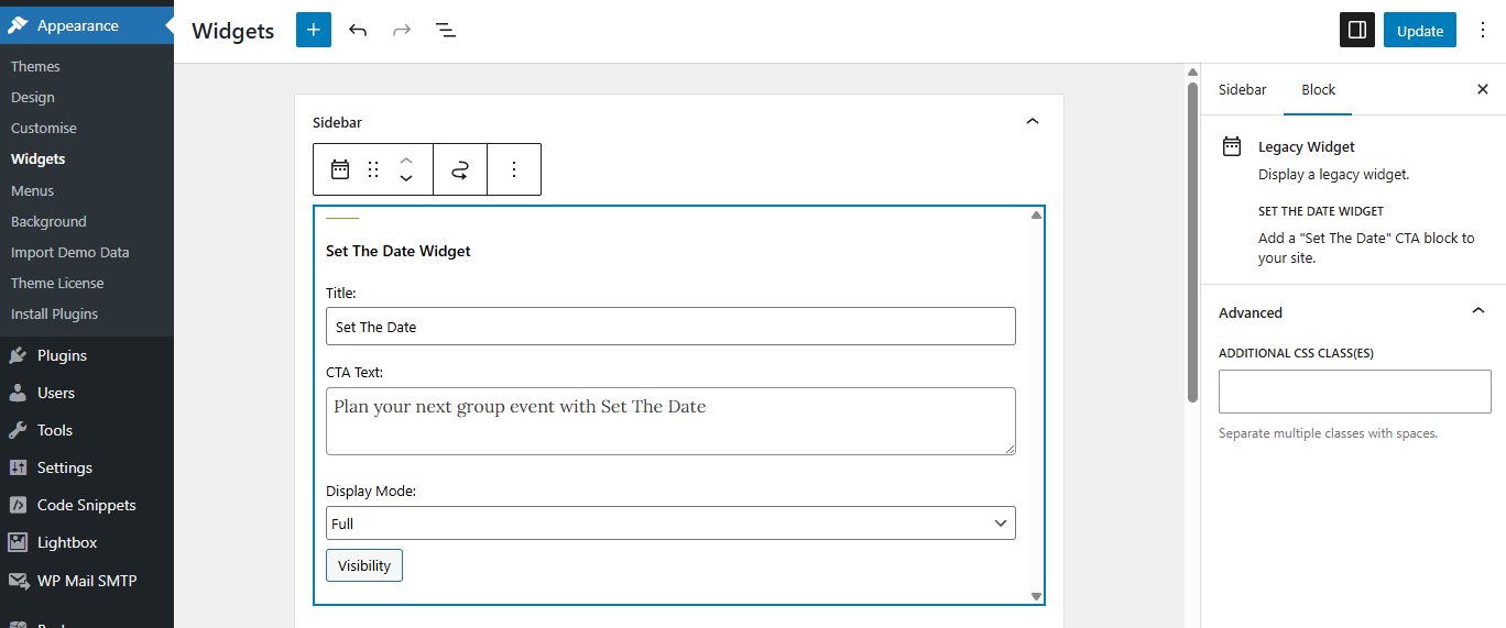 The widget settings screen in the WordPress admin
