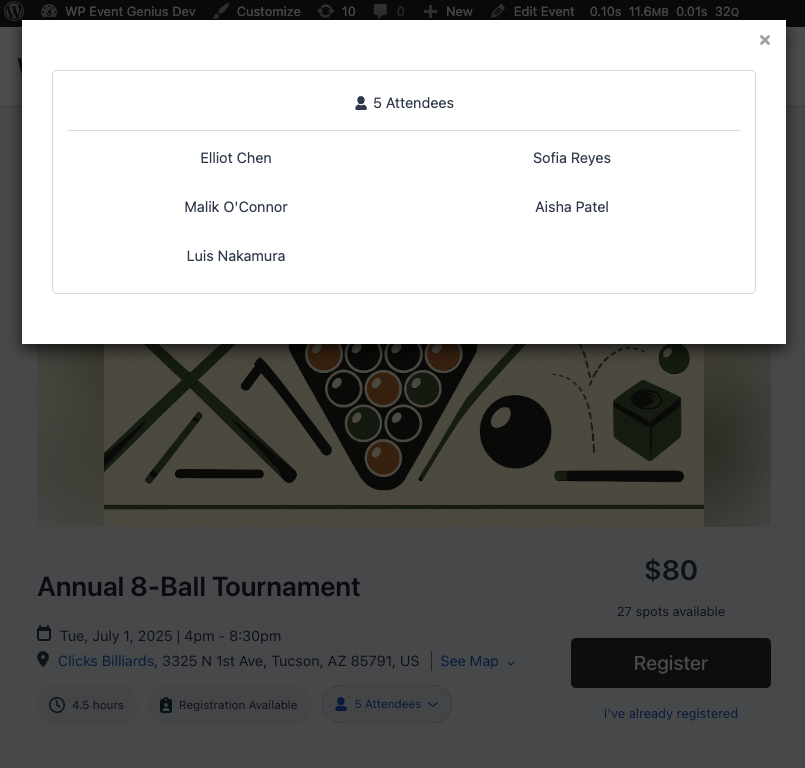 Event registration modal to collect registration submissions.